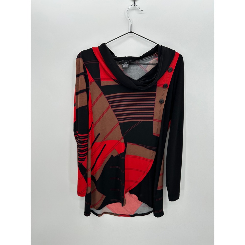Michael Tyler Womens Red Black Geometric Cowl Neck Tunic Top Size M Artsy